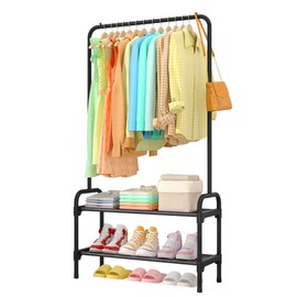 Sakugi Clothes Rack - Multi-Functional Clothing and Shoe Rack with Anti-Slip Stopper, Large-Capacity 2-Tier Shoe Organizer for Bedroom, Entryway, and Laundry Room, 29" x 11.8" x 59", Black