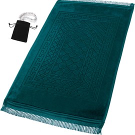 Prayer Rug Muslim Mat Islamic - Thick Prayer Rug Sajadah for Kids Men Women with Islam Prayer Beads for Eid Travel Ramadan, Soft and Luxury (Royal Green)