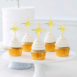Keaziu - Juego de 30 piezas de decoración para cupcakes con estrellas pequeñas y estrellas, diseño de estrellas, para bodas, fiestas de cumpleaños, decoración de pasteles, color dorado