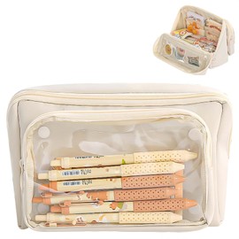 MHwan Pencil case with 9 compartments and large capacity, three-dimensional display and large opening for easy access, durable and easy to clean pencil case, beige, Fashion