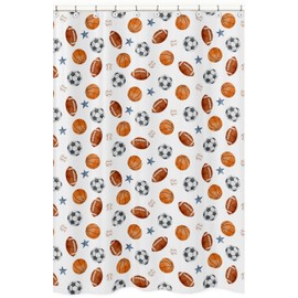 Sweet Jojo Designs Sports Theme Boy Fabric Shower Curtain for Bathroom Decor Bath Baby Kids Teen Childrens 72x72 - Watercolor Vintage Sport Themed Soccer Balls Football Baseball Basketball Blue Stars
