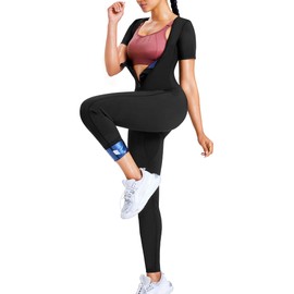 Junlan Sauna Suit for Women Full Body Compression Suit Sweat Jumpsuit Waist Trainer for Working Out(Short-sleeved Black,2X-Large)