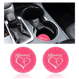 Dickno 2PCS Car Cup Holder Coaster, 2.76 Inch Blessed Cross and Heart Christian Drink Mat, Soft PVC Non-Slip Shockproof Insert Cup Coaster for Women Girls, Interior Car Accessories (Rose Red)