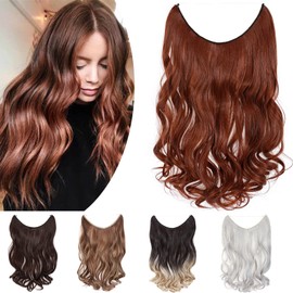 One Piece Wire In Hairpieces Matte Material Invisible Hair Extension Synthetic Wavy For Women Beauty, 20 Inch, Red Brown & Orange
