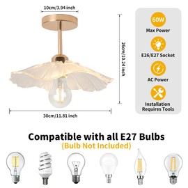 Kariosid Semi Flush Mount Ceiling Light Fixture,Modern Flower Glass Ceiling Lights,Vintage Gold Brass Close to Ceiling Light for Hallway,Entryway,Courtyard,Showroom