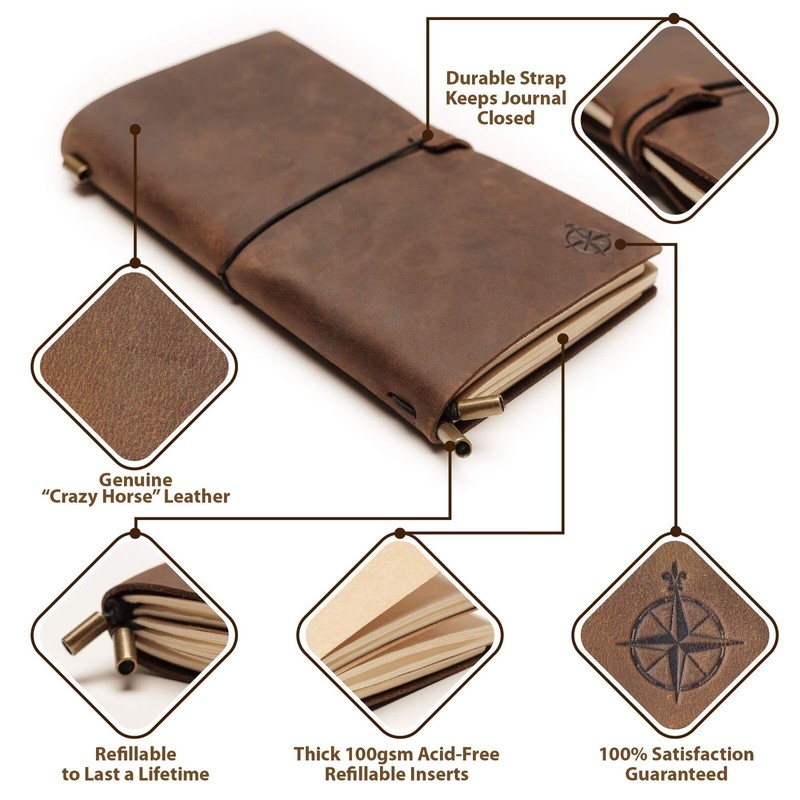 WANDERINGS Leather Pocket Notebook - 5.1x4 inches - Small, Refillable