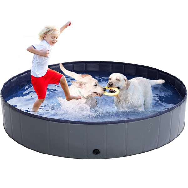 Dog Pool - Dog Pools for Large Dogs, Pet Pool Hard Plastic, Foldable Pool for Dogs Cats and Kids (63inch.D x 12inch.H, Grey)