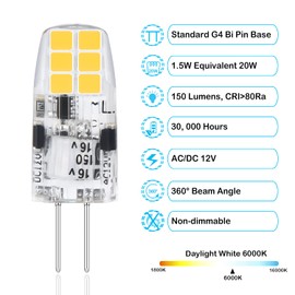 Hanbaak G4 LED Bulb, G4 12V Bi Pin Base 20W Halogen Bulb Replacement, Daylight White 6000K Non-Dimmable, 10-Pack