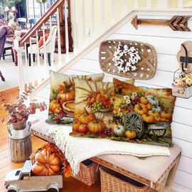 GAGEC Thanksgiving Pillow Covers 18x18 Inch Set of 4 Pumpkin Throw Pillowcase Thanksgiving Day Fall Autumn Home Decor Living Room Decorative Cushion Case
