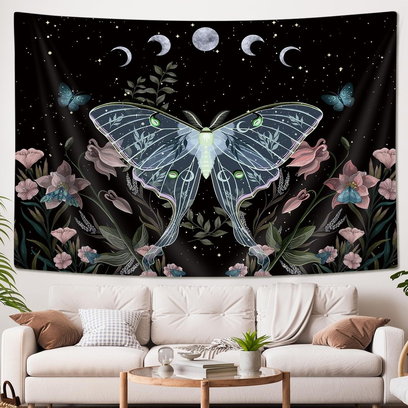 Drgilau Blue Moth Tapestry Wall Hanging, Moon Phase Stars Cute