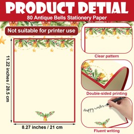 Chiisong 160 Pcs Christmas Stationery Paper Antique Bells Letterhead and Envelopes 80 Christmas Bells Letter Paper 80 Bells Holiday Envelopes for Notes Greeting Cards Invitation Office Writing