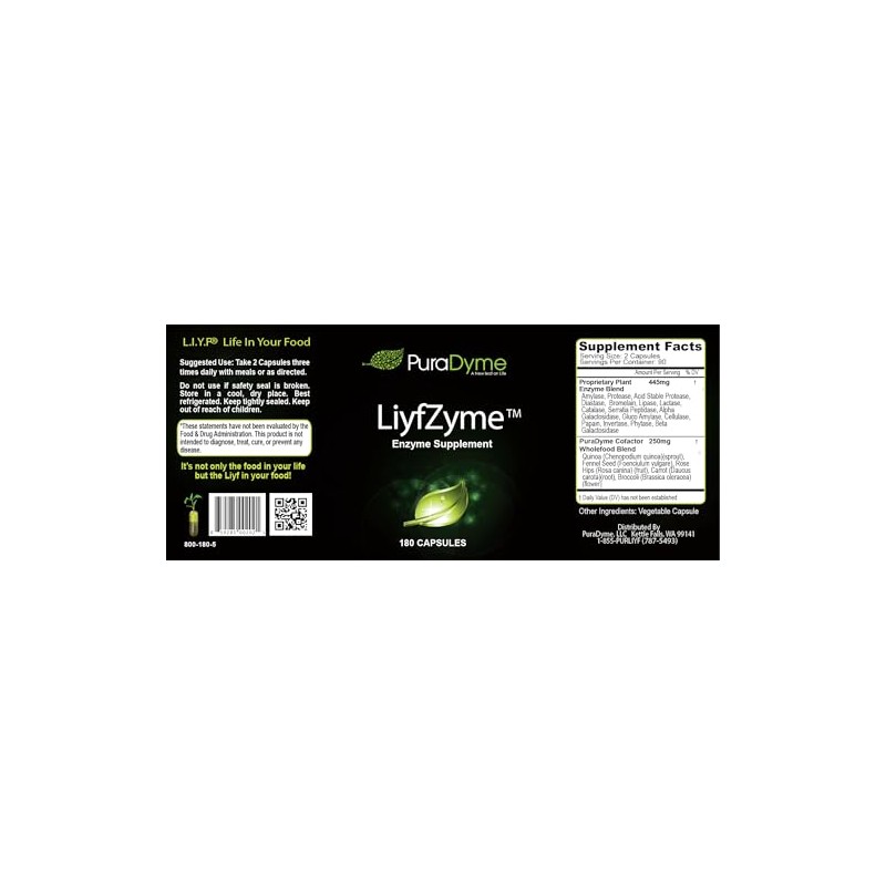 LiyfZyme Plant Based Digestive Enzyme Supplement - 180 Veggie Caps.