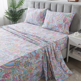 FADFAY Paisley Sheets Set King Bohemian Damask Paisley Bedding Luxurious Boho Pink Paisley Bed Sheet Set Breathable Cotton Ultra Soft 17.5'' Deep Pocket Fitted Sheet 4Pcs, King Size