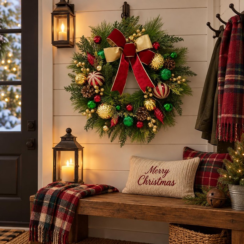 22 Inch Lighted Christmas Wreath with Timer, Red Bow and