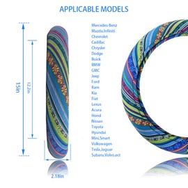 Universal 15inch Ethnic Style Baja Blanket Steering Wheel Cover with Coarse Flax Cloth and Sweat Absorption Anti Slip Car Wrap (Boho Blue)