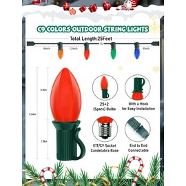 Multicolor C9 Christmas Lights Ceramic, C9 25Ft Vintage Incandescent String Lights with 27 Opaque Bulbs (2 Spare) for Christmas Tree Patio Roofline Outdoor Indoor Holiday Xmas Decorations