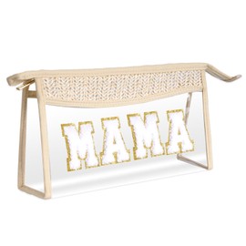 Hmxpls Boho Patch Cosmetic Bag with Zipper, Chenille Varsity Letter Makeup Bag, Clear Travel Pouch, Multi-purpose Small Toiletry Bag for Women Girls (Mama)