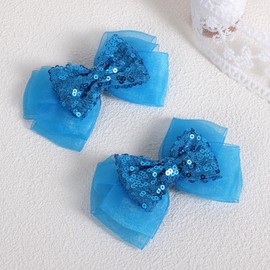4" Royal Blue Mesh Organza Ribbon Hair Bows Alligator Clips Sparkly Sequin Barrettes Summer Dress Decor Accessories for Women Girls Toddlers Teens Kids Back School Gift Set of 2