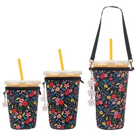 3PC Reusable Neoprene Iced Coffee Sleeve with Strap & Charms Perfect Cold Drink Sleeve for Iced Drinks, Coffee Cup Sleeves, and More Durable, Insulated Coffee Sleeves for Iced Coffees & Cold Beverages