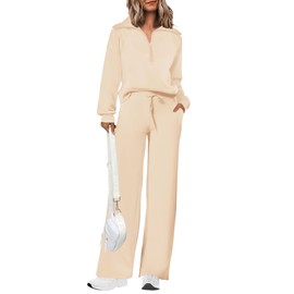 PRETTYGARDEN Women's Fall Two Piece Outfits Half Zip Sweatshirt Tops And Palazzo Pants Sweatsuit Sets (Beige,Large)