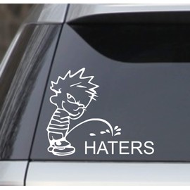 White 5.5" Calvin Peeing Piss Pissing On Haters Window Sticker Decal – Good for Cars, Trucks, laptops, lockers etc