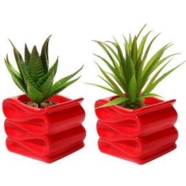 MyGift 4-Inch Red Ceramic Indoor Small Plant Pot, Mini Modern Decorative Planters with Candy Ribbon Design, Set of 2