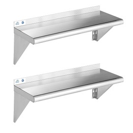 ROCKPOINT ROCKPOINT Stainless Steel Shelf 10 x 30 Inches 225lb, 2 Pack NSF Metal Commercial Shelves Wall Mount Floating Shelving with Backsplash for Restaurant, Kitchen, Home and Hotel, Silver