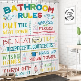 LIGHTINHOME Bathroom Rules Shower Curtain 60Wx72H Inches Colorful Kids Motivational Inspirational Funny Quotes Wood Planks Words Cloth Fabric Waterproof Polyester Bathroom Home Decor Set with Hooks