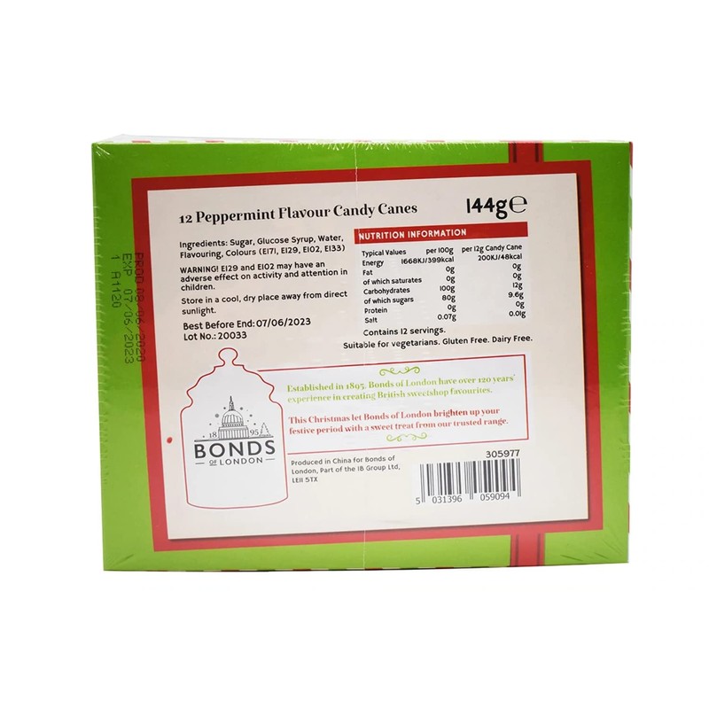 Bonds of London 12 Peppermint Flavour Candy Canes Box, 144