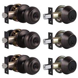 Probrico Entry Door Knob Lock Set and Single Cylinder Deadbolt Combination Set, Oil Rubbed Bronze (3 Pack) Keyed Alike