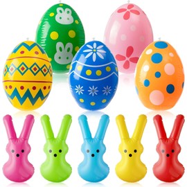 Haooryx Inflatable Easter Yard Decorations - 10pcs Inflatable Easter Bunny Peeps Toy & Eggs Rabbit Colorful Blow Up Rabbit Decor Egg Hunt Spring Celebration Indoor Outdoor Holiday Yard Decorations