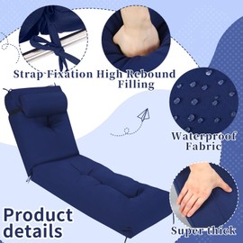 Wenqik Set of 2 Outdoor Chaise Lounge Cushions 76 x 22 Inch Waterproof Patio Furniture Chaise Cushions with Headrest Pillow Thick Tufted Lounge Pad for Lawn Patio Pool Resort Hotel(Dark Blue)