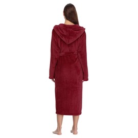 RONGTAI Womens Long Robes Plush Fleece Nightgown Thick Hooded Bathrobe with Pockets Fluffy Sleepwear for Men （XX-Large,Burgundy）