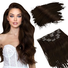 Ugeat Clip-In Real Hair Extensions, Thick 45 cm, Brown 100 g, Hair Extensions Real Hair Clips Human Hair 7 Pieces, Darkest Brown Clip in Weft Real Hair Colour 2
