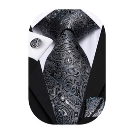 Hi-Tie Extra Long Black and Grey Paisley Men's Necktie Wedding Silk Tie Handkerchief 63inches