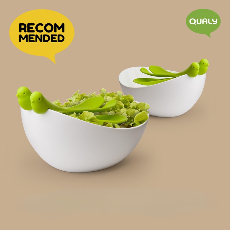 Qualy 9984 Sparrow Salad Bowl with Salad Servers, White/Green, 23.5