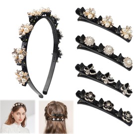 Pack of 5 Hair Clips with 3 Clips, Hummingbird Hair Clip with Pearl Sparkling, Double Layer Braided Hair Clip for Women, Girls, Children, 1 Headband with Clips