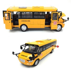 9" Pull Back School Bus,Light Up & Sounds Die-cast Metal Toy Vehicles with Bright Yellow and Openable Doors