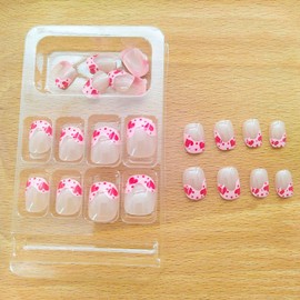 Valentines Press on Nails Short Red Heart Square Fake Nails Pink French Tip Full Cover Acrylic Nails Press ons Cute Valentine's Heart Stick Glue on Nails for Women Girls 24 Pcs