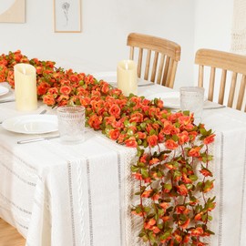 KHOYIME 5 Pack 40 FT Artificial Flower Garland, Fake Fall Orange Roses Vines Silk Flowers Faux Plastic Outdoor Autumn Hanging Floral Ivy Garland Decoration for Indoor Table Home Wall Room Decor