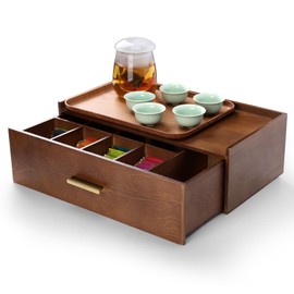 Tea organizer storage box, wood tea bag organizer, tea bag holder with drawer, wood grain tray for the tea box.Make your life more fun with 5 beautiful teacups (Small fish teacup set)