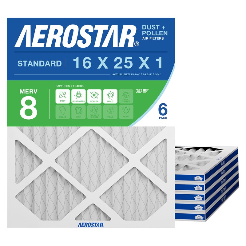 Aerostar 16x25x1 MERV 8 Air Filter, 6 Count, ACTUAL SIZE