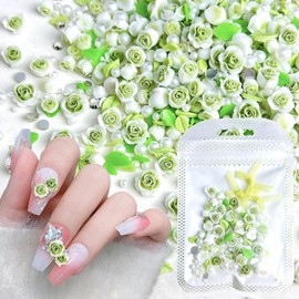 DANNEASY 3D Flower Nail Charms Floral Resin Nail Charm Silk Bow Leaf Rose Flowers Nail Art Charms Pearls Flower Charms for Nails Design Resin Accessories Nail Decorations for Nail Art (Green)