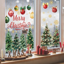 9 Sheets Christmas Window Clings Watercolor Xmas Tree Window Decals Xmas Ball Snowflake Windows Stickers Double-Sided Merry Christmas Windows Decorations for Holiday Party Home Office Glass Decor