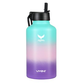 Vmini Half Gallon Water Bottle, 64 oz Water Bottle with Straw, Wide Mouth Vacuum Insulated Stainless Steel Water Bottle, Wide Rotating Handle Straw Lid, Gradient Mint+Pink+Purple
