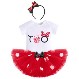 IBTOM CASTLE Baby Girls One 1st Birthday Outfit Polka Dots Romper Tutu Dress Sequin Bowknot Headband Princess Skirt One Years Old Clothes Set for Kids Princess Pageant Sundress Red-two 2T