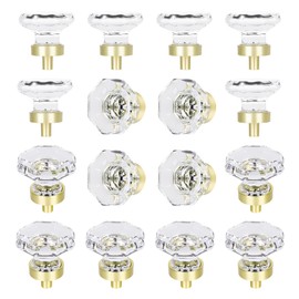 HIEMEY Gold Crystal Glass Cabinet Knobs, Satin Brass Pulls and Knobs for Cabinet Dresser Drawer(16Pcs,Octagon)