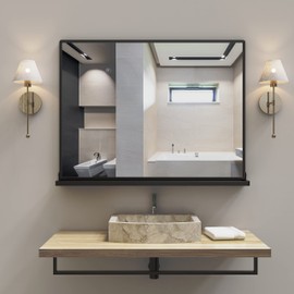 ANYHI Black Bathroom Wall Mirror with Shelf, 32" × 24" Metal Frame Rectangle Mirror for Bathroom with Shelf, Perfect for Living Room, Bedroom, Entryway, Horizontal