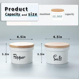 HAOTOP Salt and Pepper Bowls with Wooden Lid, 12.5 oz Ceramic Salt and Pepper Saver Container for Countertop, Farmhouse Kitchen Decor