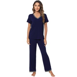 WiWi Pajamas for Women Short Sleeve Sets Soft Long Pants Pjs Loungewear Set-Viscose from Bamboo S-XXL, Navy, X-Large